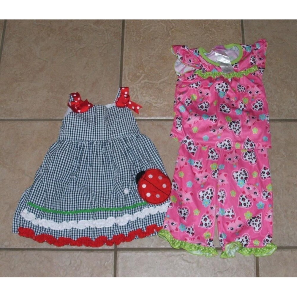 Girls Sz 12 Months Sleeveless Gingham Dress & Silky Pink Pajamas 3 Pc Lot